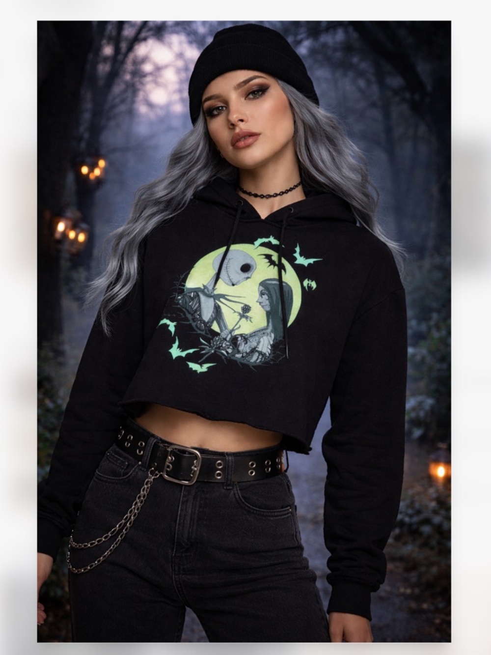 Nightmare Before Christmas Glow-in-the-Dark Croped Hoodie Jack Skellington Sally